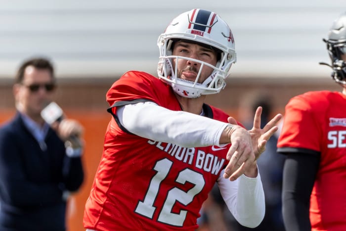American quarterback Carter Bradley of South Alabama (12) throws the ball during practice.